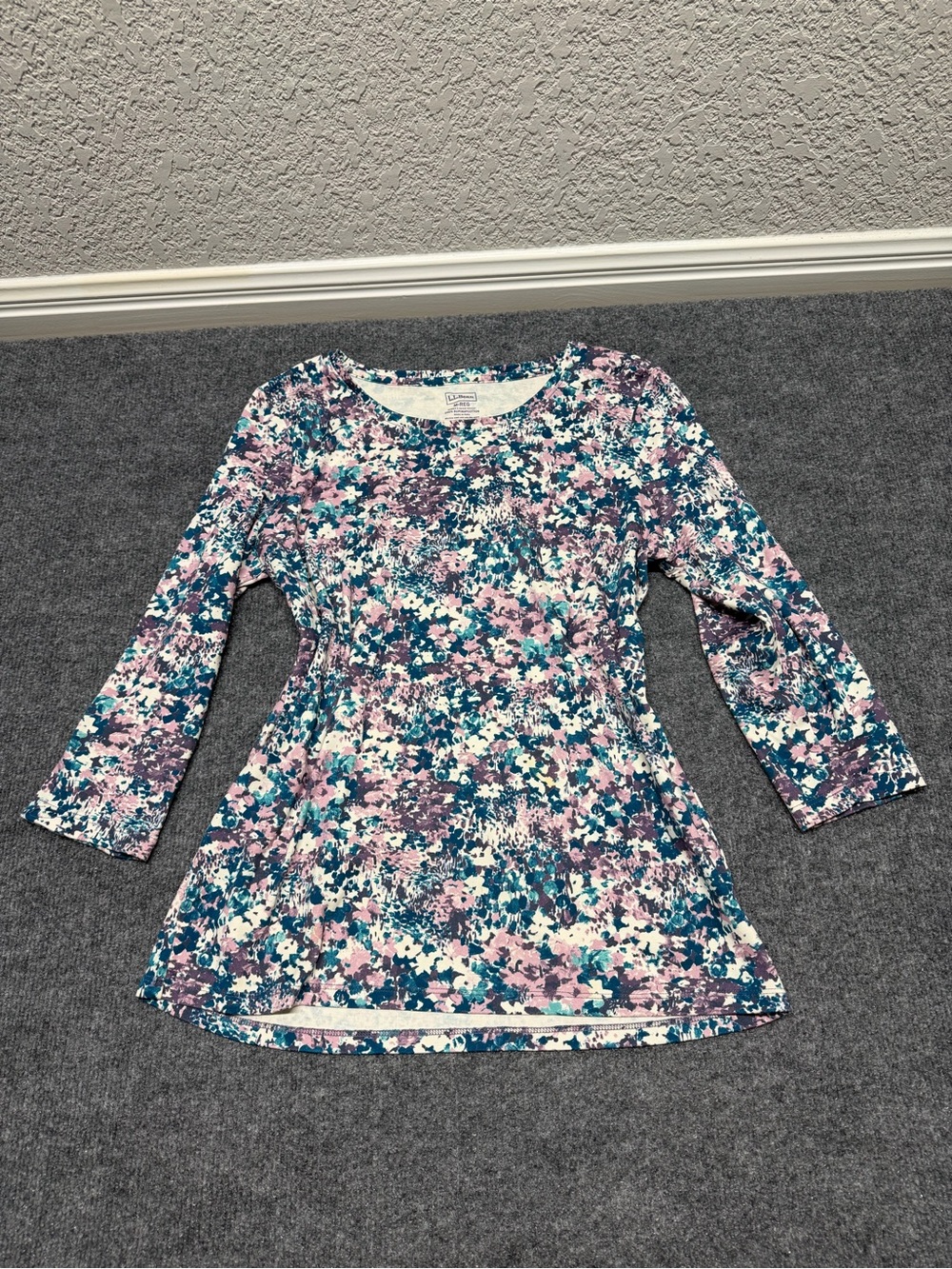 L.L.Bean Floral Print Crewneck Top in Teal and Lilac